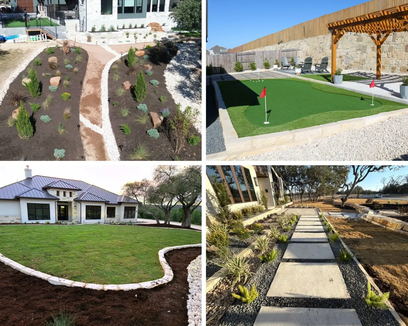 Four Singer Services projects: a native planting bed, a backyard putting green, a new sodded lawn, and a stepper walkway