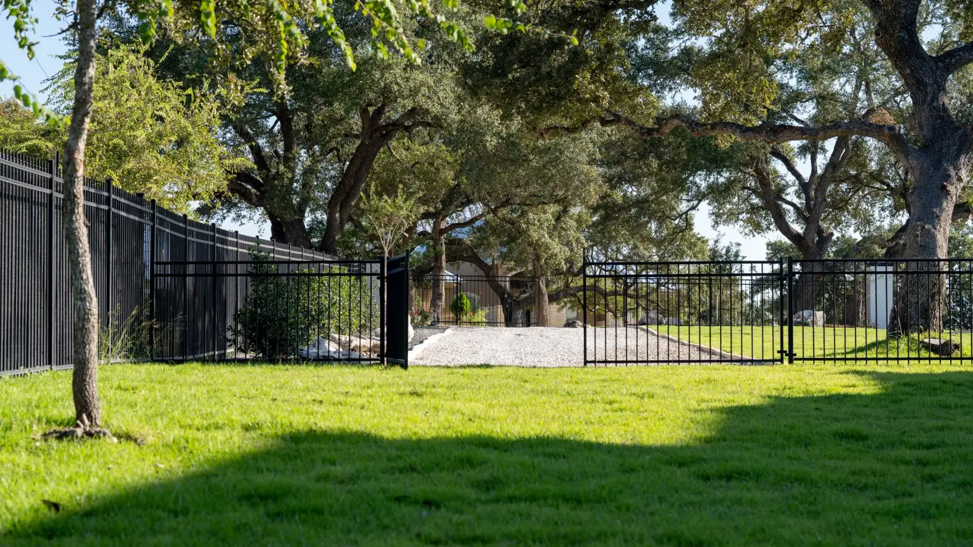 A green lawn shaded by mature live oaks behind a black metal fence and gate