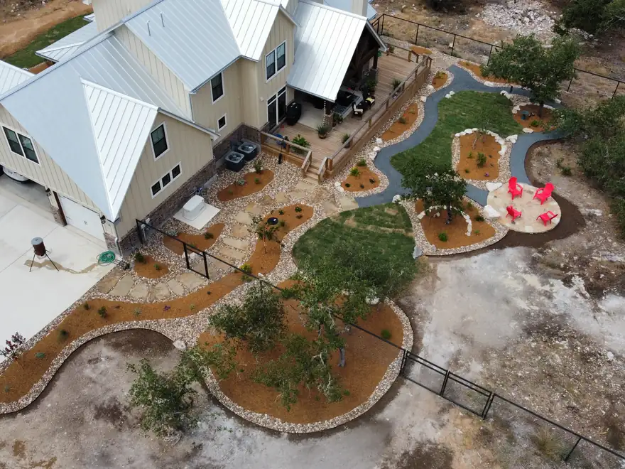 Aerial photo of the finished landscape design, matching the rendering