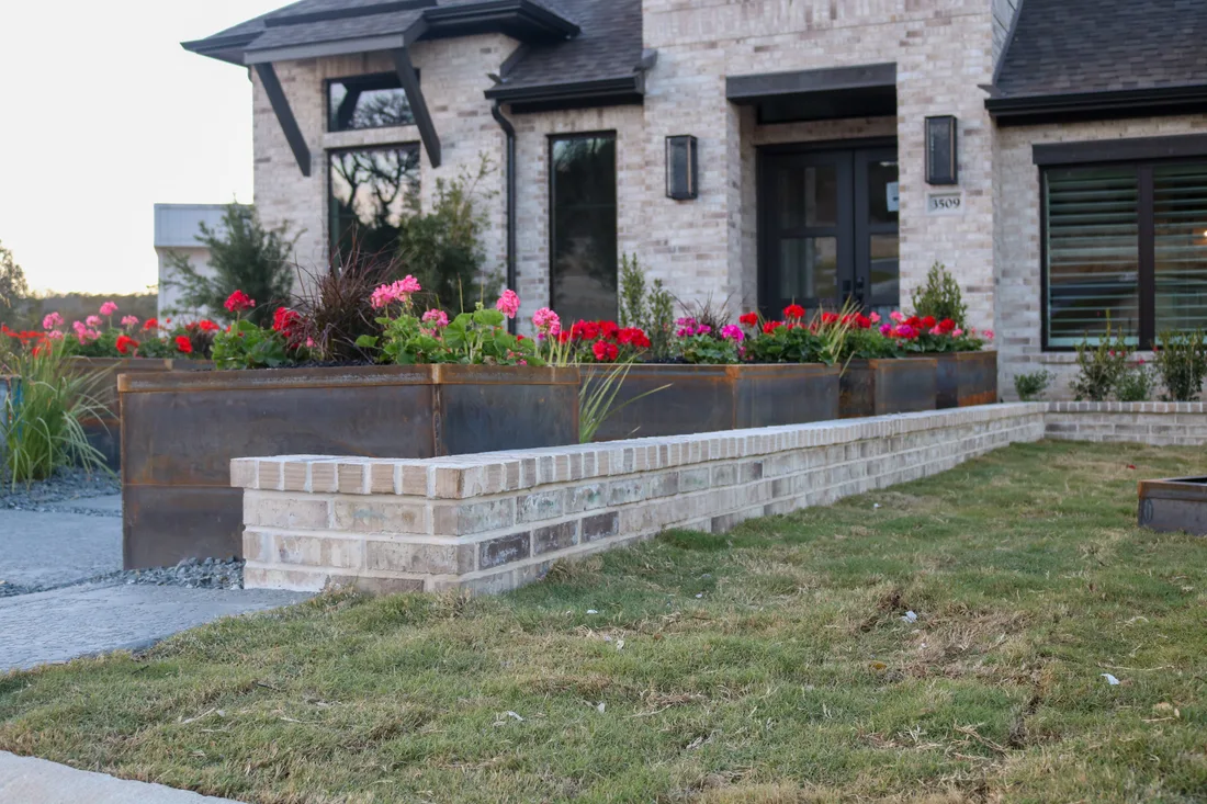Corten steel raised planters filled with geraniums and ornamental grasses