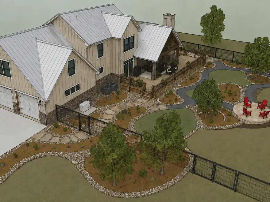 Three dimensional rendering of the same landscape design plan