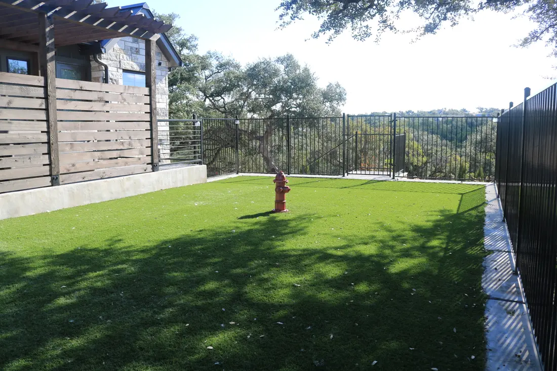 An artificial turf back lawn behind a metal fence, with a hydrant set in for a dog run