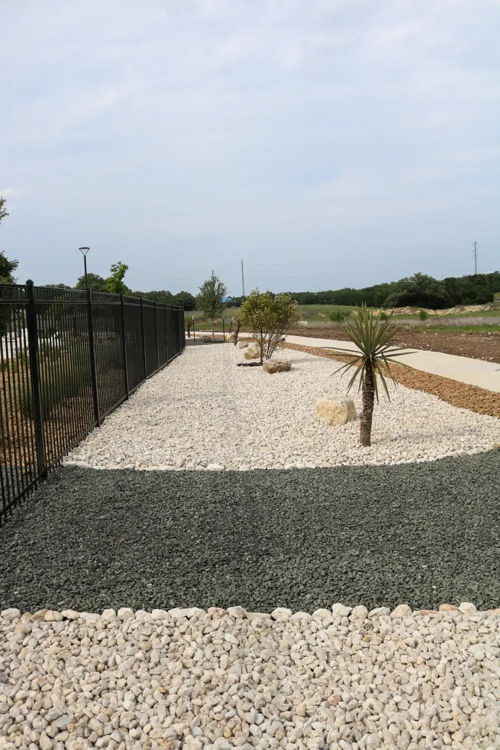 Gravel bed with yucca and a limestone boulder along the Belle Oaks fence line